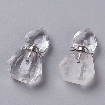 Hexagon Natural Quartz Crystal Perfume Bottle Pendants, Rock Crystal, with 304 Stainless Steel Findings, Faceted, Stainless Steel Color, 27~27.5x16~17x8mm, Hole: 1.4mm, Capacity: 0.1ml(0.00fl. oz)