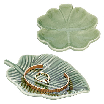 Elite 2Pcs 2 Style Leaf/Clover Pattern Porcelain Jewelry Plate, Storage Tray for Rings, Necklaces, Earring, Mixed Patterns, 91~143x86~101.5x20~23mm, Inner Diameter: 80~125x70~98mm, 1pc/style