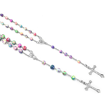 Rosary Bead Necklace, Alloy Crucifix Cross Pendant Necklace with Polymer Clay Round Beaded Chains for Women, Colorful, 19.69 inch(50cm)