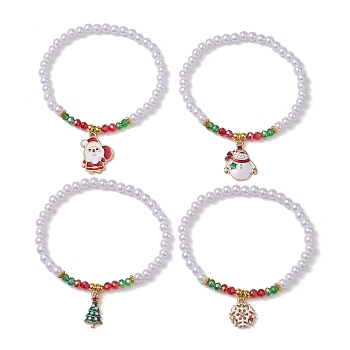 4Pcs 4 Styles Electroplate Glass & Imitated Pearl Acrylic Beaded Stretch Bracelet Sets, Christmas Tree & Santa Claus Alloy Enamel Charm Stackable Bracelets for Women, Mixed Shapes, Inner Diameter: 2-3/8 inch(6cm), about 1pc/style