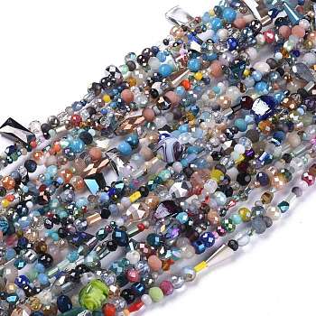 Glass Beads Strands, Faceted, Round & Oval & Rondelle & Column, Mixed Color, 2~13x2~20x2~12mm, Hole: 0.5~1mm, about 75~94pcs/strand, 15.55inch(39.5cm)