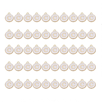 Golden Plated Alloy Charms, with Enamel, Enamelled Sequins, Flat Round, White, Letter.C, 14x12x2mm, Hole: 1.5mm, 50pcs/Box