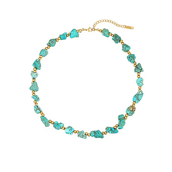 Nuggets Synthetic Turquoise Beaded Necklace for Women, with Stainless Steel Findings, Real 18K Gold Plated, 15.75 inch(40cm)