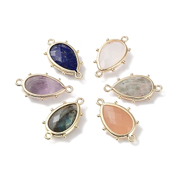 Natural Mixed Stone Connector Charms, with Golden Plated Brass Edge Loops, Faceted, Teardrop, 24x14.5x5mm, Hole: 1.2mm & 1.4mm