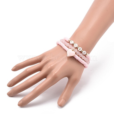 3Pcs 3 Style Natural Rose Quartz & Acrylic Word Love Beaded Stretch Bracelets Set with Alloy Enamel Heart Charms(BJEW-JB08924-02)-3