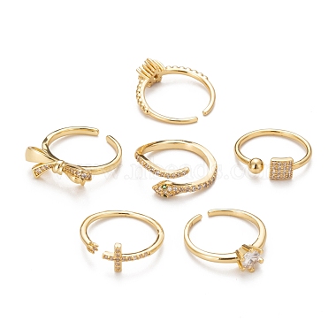 6Pcs 6 Style Adjustable Brass Micro Pave Clear Cubic Zirconia Cuff Rings(RJEW-LS0001-09G)-4