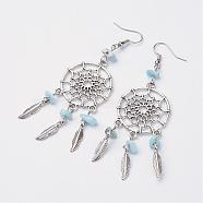 Woven Net/Web with Feather Alloy Dangle Earrings, with Natural Larimar Beads and Brass Earring Hooks, Antique Silver and Platinum, 84mm, Pin: 0.5mm(EJEW-JE02247-01)