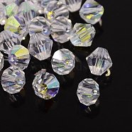 Glass Rhinestone Beads, Bicone, Clear AB, AB Color, about 6mm in diameter, 5mm thick, hole: 1.3mm, about 288pcs/bag(I5301GB6MM-001AB)