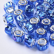 Transparent Resin European Beads, Large Hole Beads, with Silver Color Plated Double Brass Cores, Faceted, AB Color Plated, Column, Blue, 11.5x8mm, Hole: 5mm(RPDL-Q023-A-B02)