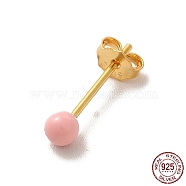 Enamel Round Ball Stud Earrings, Golden 925 Sterling Silver Jewelry for Women, Pink, 14.5x3mm, Pin: 0.8mm(EJEW-C020-01G-06)