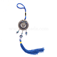 Alloy Owl Lucky Blue Turkish Evil Eye Pendant Wall Hanging Ornament, with Tassel, for Home Living Room Car Decoration, Blue, 335mm(ANIM-PW0003-064)