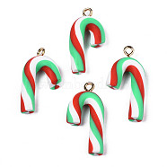 Handmade Polymer Clay Pendants, with Light Gold Iron Loop, Candy Cane, for Christmas, Light Green, 26.5~29x13.5~14x5mm, Hole: 2mm(X-CLAY-N010-052)