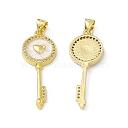 Rack Plating Brass Micro Pave Cubic Zirconia Pendants, with Enamel, Cadmium Free & Lead Free, Long-Lasting Plated, Key with Heart Charm, Real 18K Gold Plated, 33.5x12.5x3mm, Hole: 4x3.5mm(ZIRC-I061-18G)