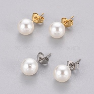Plastic Imitation Pearl Stud Earrings, with 304 Stainless Steel Pins and Ear Nuts, Round Ball, Mixed Color, 8mm, Pin: 0.6mm, 6pairs/card(STAS-D0001-03)
