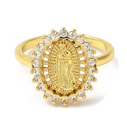 Clear Cubic Zirconia Virgin Mary Open Cuff Rings, Rack Plating Brass Jewelry, Long-Lasting Plated, Real 18K Gold Plated, US Size 1 3/4(13mm)(RJEW-Q168-06G)