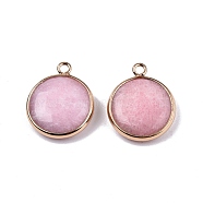 Natural White Jade Pendants, with Light Gold Tone Brass Edge, Dyed & Heated, Flat Round Charm, Pink, 23x19x6mm, Hole: 2mm(G-N326-144-03LG)