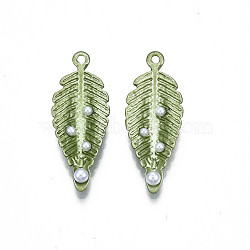 Rack Plating Alloy Pendants, with Enamel and ABS Plastic Imitation Pearl, Cadmium Free & Lead Free, Leaf, Yellow Green, 31x12x5.5mm, Hole: 1.5mm(X-ENAM-T017-21)