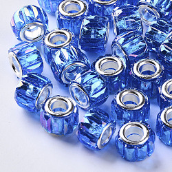 Transparent Resin European Beads, Large Hole Beads, with Silver Color Plated Double Brass Cores, Faceted, AB Color Plated, Column, Blue, 11.5x8mm, Hole: 5mm(RPDL-Q023-A-B02)