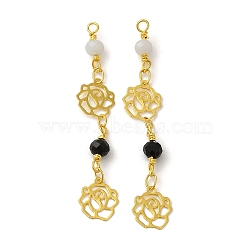 Glass Beaded Pendants, with Real 18K Gold Plated Brass Loop, Rose Flower Charm, Black, 47x8x4mm, Hole: 1.6mm(KK-P242-18G-01)