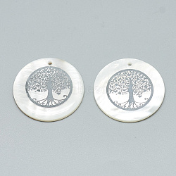 Freshwater Shell Pendants, Covered with Iron Findings, Flat Round with Tree of Life, Platinum, 30~31x2~3mm, Hole: 1.8mm(SHEL-Q016-016P)