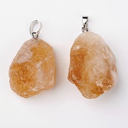 Natural Citrine Pendants, Nuggets, with Brass Findings, Platinum, 26~42x20~26x14~22mm, Hole: 5x8mm(X-G-G884-A01)