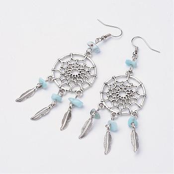 Woven Net/Web with Feather Alloy Dangle Earrings, with Natural Larimar Beads and Brass Earring Hooks, Antique Silver and Platinum, 84mm, Pin: 0.5mm
