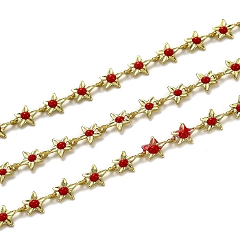 Brass Link Chains, with Enamel, Spool, Long-Lasting Plated, Unwelded, Star, Golden, Red, Link: 9x6.1x1.5mm