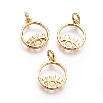 Brass Pendants, Cut-Out, with Jump Rings, Flat Round with Evil Eye, Golden, 15x12x1.5mm, Hole: 3mm