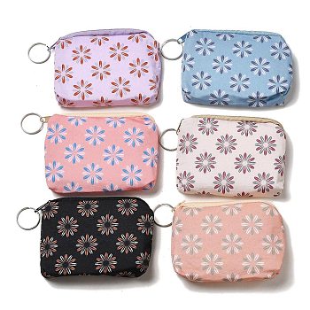 Flower Print Cotton Cloth Wallets with Alloy Zipper, Rectangle with Iron Ring, Mixed Color, 9x11x0.9cm
