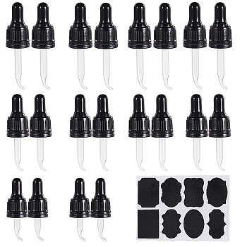 Essential Oil Bent Tip Glass Dropper, with Plastic Caps and Chalkboard Sticker Labels, Black, 50x10x7mm