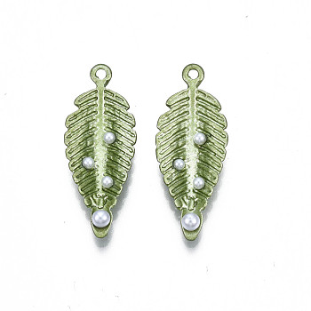 Rack Plating Alloy Pendants, with Enamel and ABS Plastic Imitation Pearl, Cadmium Free & Lead Free, Leaf, Yellow Green, 31x12x5.5mm, Hole: 1.5mm