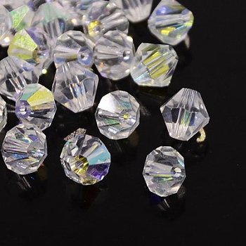 Glass Rhinestone Beads, Bicone, Clear AB, AB Color, about 6mm in diameter, 5mm thick, hole: 1.3mm, about 288pcs/bag