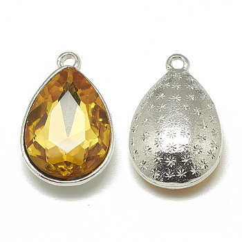 Alloy Glass Charms, Faceted, teardrop, Platinum, Gold, 14.5x9x5mm, Hole: 1.5mm