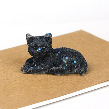 Natural Obsidian Cat Display Decorations, Sequins Resin Figurine Home Decoration, for Home Feng Shui Ornament, 80x50x50mm