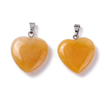 Natural Yellow Aventurine Pendants, Heart, with Brass Findings, Platinum, 22~23x20~20.5x6~7.5mm, Hole: 5x8mm