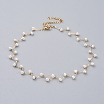 Glass Pearl Beaded Choker Necklaces, with Brass Pins and 304 Stainless Steel Findings, White, Golden, 12.7 inch(32.5cm)