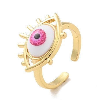 Acrylic Horse Eye Open Cuff Ring, Real 18K Gold Plated Brass Jewelry for Women, Cadmium Free & Lead Free, Hot Pink, US Size 7(17.3mm)