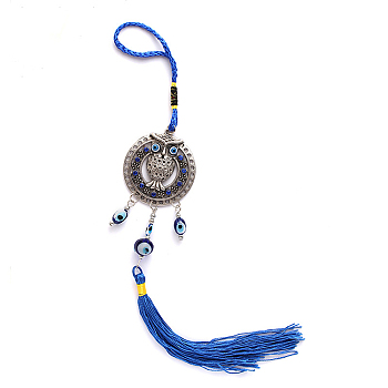 Alloy Owl Lucky Blue Turkish Evil Eye Pendant Wall Hanging Ornament, with Tassel, for Home Living Room Car Decoration, Blue, 335mm