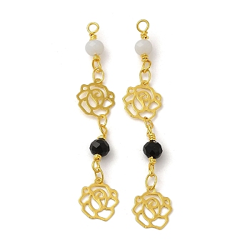 Glass Beaded Pendants, with Real 18K Gold Plated Brass Loop, Rose Flower Charm, Black, 47x8x4mm, Hole: 1.6mm