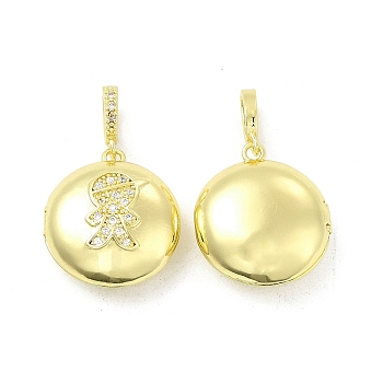 Brass Micro Pave Clear Cubic Zirconia Locket Pendants, Light Gold Tone Flat Round with Human Charms, Boy Pattern, 20x18x8.5mm, Hole: 5.5x3mm, Inner Diameter: 15mm
