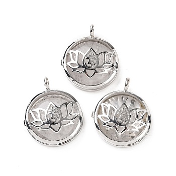 Natural Quartz Crystal Locket Pendants, Rock Crystal, Flat Round Charms, with Platinum Plated Brass Lotus Findings, 31.5x27x9mm, Hole: 4.6mm