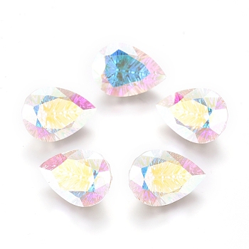 Glass Rhinestone Cabochons, Pointed Back Plated, Faceted, Teardrop, Crystal AB, 14x10x7mm
