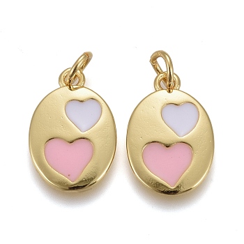 Brass Enamel Pendants, Long-Lasting Golden Plated, with Jump Rings, Flat Oval with Heart Pattern, Pink, 15x10x1.5mm, Hole: 4.5x0.8mm