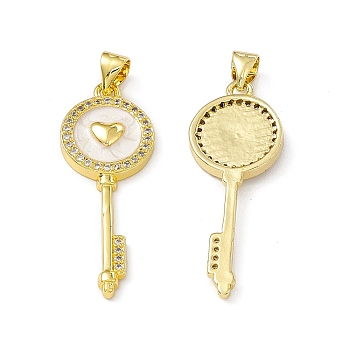 Rack Plating Brass Micro Pave Cubic Zirconia Pendants, with Enamel, Cadmium Free & Lead Free, Long-Lasting Plated, Key with Heart Charm, Real 18K Gold Plated, 33.5x12.5x3mm, Hole: 4x3.5mm