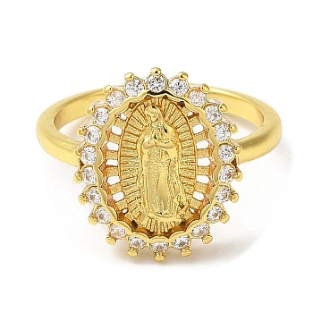 Clear Cubic Zirconia Virgin Mary Open Cuff Rings, Rack Plating Brass Jewelry, Long-Lasting Plated, Real 18K Gold Plated, US Size 1 3/4(13mm)