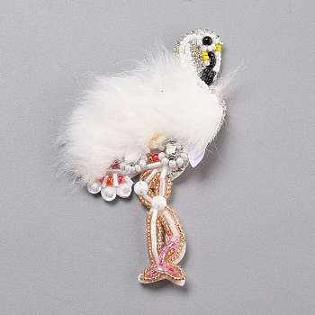 Computerized Embroidery Cloth Sew on Patches, Costume Accessories, with Faux Fur, Seed Beads and Crystal Rhinestone, Crane, White, 104x61x6mm