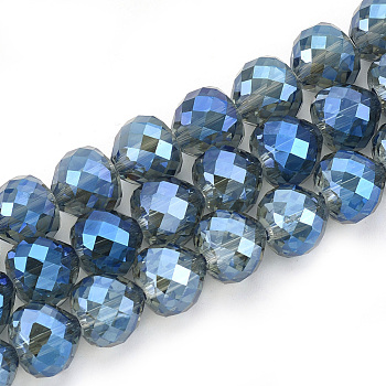 Electroplate Glass Beads Strands, Faceted, Heart, Royal Blue, 9x10mm, Hole: 1.5mm, about 60pcs/strand, 22 inch