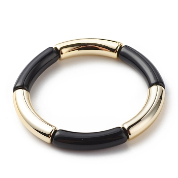 Acrylic Curved Tube Beaded Stretch Bracelet for Women, Black, Inner Diameter: 2-1/8 inch(5.3cm)