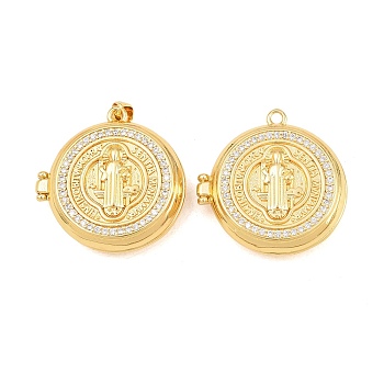 Religion Brass Locket Pendants, Cadmium Free & Lead Free, Real 18K Gold Plated, Rack Plating, Long-Lasting Plated, Flat Round with Saint Charms, Real 18K Gold Plated, 26x26x9mm, Hole: 3x5mm, Inner Diameter: 20mm
