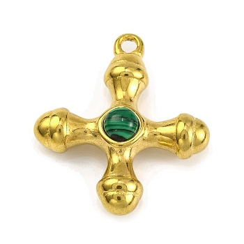 Synthetic Malachite & 304 Stainless Steel Cross Pendants, Golden, 23x20x6mm, Hole: 1.6mm